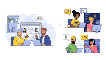 Professionals collaborate remotely on coding projects and engage in virtual meetings, illustrating the dynamic nature of online teamwork and distributed software development