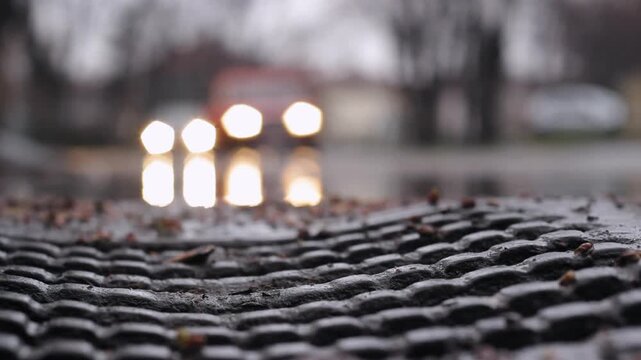 Headlights bokeh and lights reflections of street traffic in puddle while rain falling, drainage gutter in focus