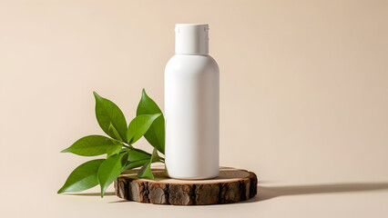 A white cosmetic bottle on a wooden base with green leaves mockup