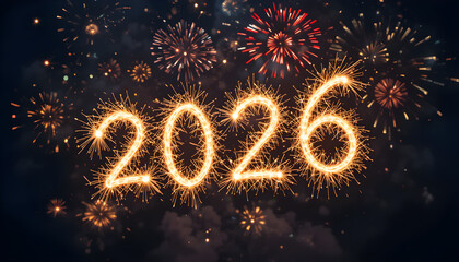 Dynamic 2026 New Year Sparkler Typography with Red and Gold Fireworks in a Smoky Night Sky Backdrop