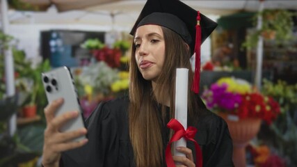 Woman in graduation gown holds diploma and scrolls smartphone on street outside flower shop; academic pride.