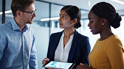 Diverse colleagues analyzing business data on a digital tablet. A professional team discusses strategy while looking at charts on the screen. Corporate teamwork and collaboration concept - Powered by Adobe