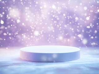 A white platform sits in the center of a light purple and blue background. Snowflakes fall from the top of the image