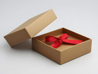 Brown kraft paper gift box with red ribbon open lid on white background
