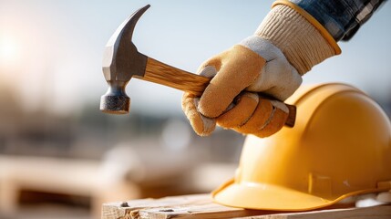 Worker hammers nail into wooden pallet at construction site with building materials in the background on a sunny day