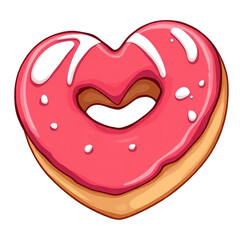 Heart shaped donut with pink strawberry glaze and shiny syrup drizzle for valentines celebration