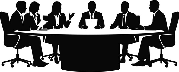 Business people meeting around conference table silhouette vector