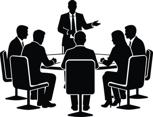 Business people meeting around conference table silhouette vector