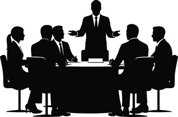 Business people meeting around conference table silhouette vector
