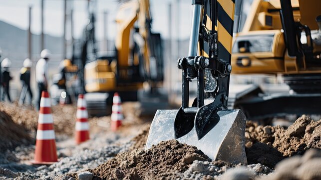 Close-up view of a shovel in the ground at a construction site with machinery and workers in the background on a sunny day