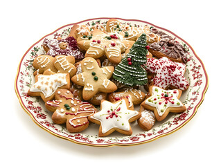 Plate filled with Christmas cookies including gingerbread on white background