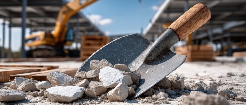 Shattered steel shovel rests on the ground at a busy construction site under a sunny sky with construction equipment blurred in the background