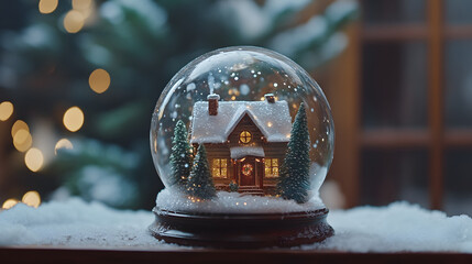 Shimmering New Years Crystal Ball.Christmas House with snow