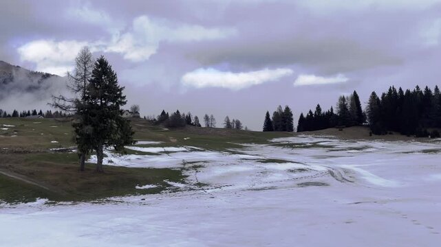 Spring Thaw in Mountains with Green Grass Appearing Through Melting Snow, Climate Change and Global Warming Concept, End of Winter Season in Ski Resort