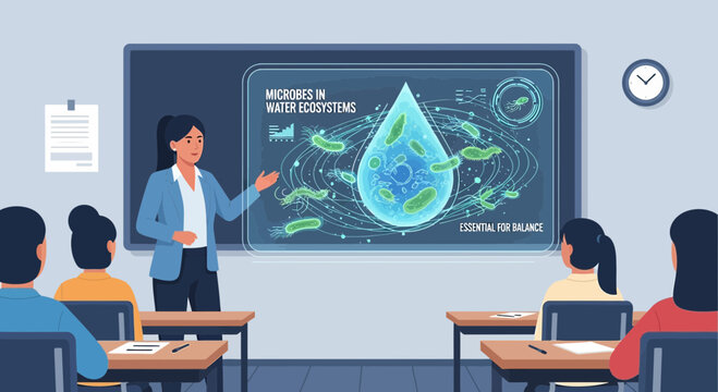 Engaging classroom scene: A teacher explaining the role of microbes in water ecosystems