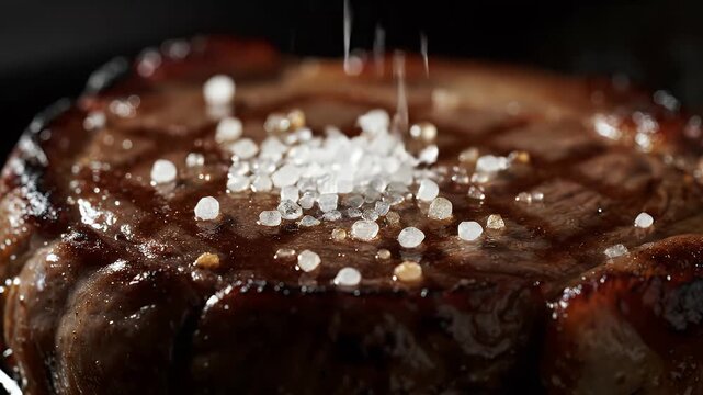Perfecting the Taste Hand Sprinkles Flaky Sea Salt onto a Hot, Seared Beef Steak