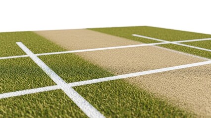 Obraz premium Green grass and sand cricket pitch with white lines isolated background | Cricket, pitch, wicket, field, sports, game.