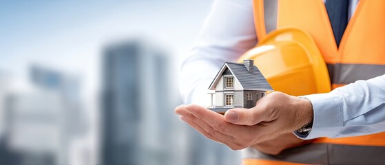 Indian man in orange vest holds house model with modern architecture in background during daytime, showcasing construction and design