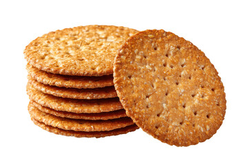 Stack of round whole wheat crackers isolated on transparent background. Healthy whole wheat crackers stacked isolated on white background.