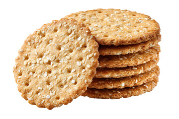 Stack of round whole grain crackers isolated on transparent background. Stack of round whole grain crackers with seeds isolated on white background.