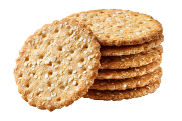 Stack of round whole grain crackers isolated on transparent background. Stack of round whole grain crackers with seeds isolated on white background.