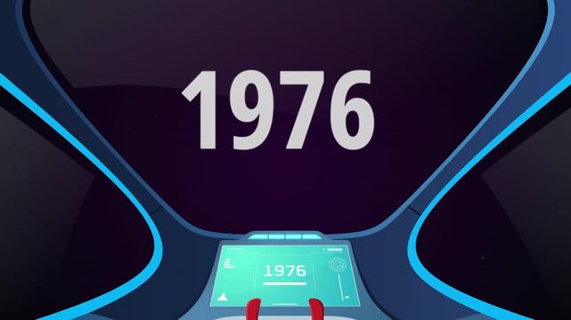 Time travel cockpit with futuristic animation jump to the year 1976. Ideal for content creators, tech presentations, future concepts, and cinematic video projects.