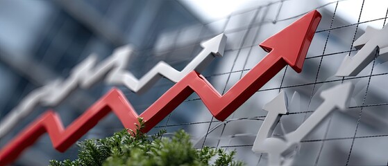 Red stock market growth arrow on digital background showing rising graph chart for virtual business strategy in personal finance