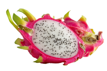 Half of a ripe white dragon fruit with pink and green scales isolated on transparent background. Exotic dragon fruit cut in half revealing white flesh and black seeds isolated on white background.