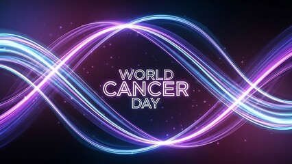 World cancer day abstract light trails with ribbon and text on a dark background