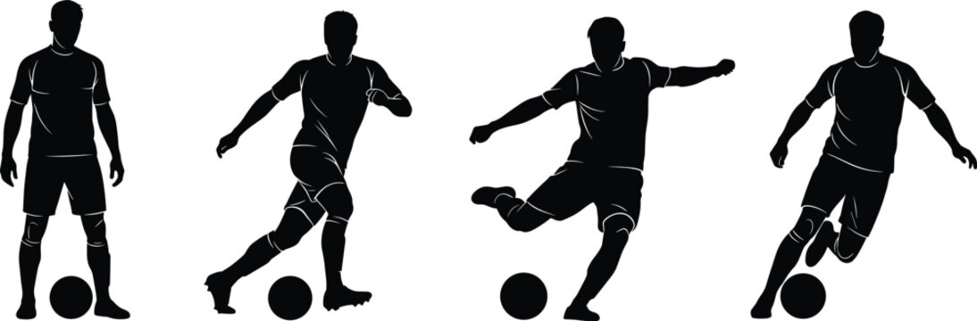 Professional male soccer player silhouettes set with athletes in dynamic action poses kicking and dribbling footballs for sports branding