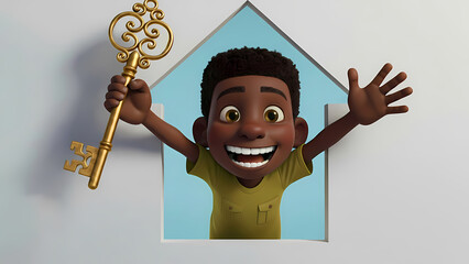 A cheerful 3D character with outstretched arms inside a house silhouette. Bright blue background, warm lighting, top view of an ornate golden accessory.