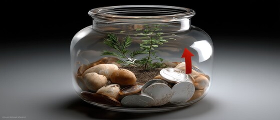 3d render showing a glass jar filled with coins and a growing plant with a red arrow symbolizing business growth against a dark background