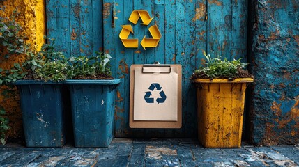 Rustic Recycling Scene: Blue and Yellow Bins with Plants, Symbol, and Texture.