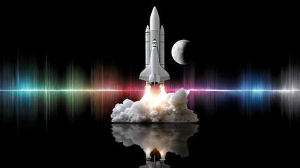Space shuttle lifts off from Earth with a full moon and sound waves in a dark sky during night hours