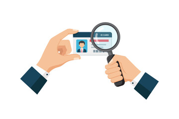vector illustration of Businessman Using Magnifying Glass To Inspect ID Card For Verification And Security.