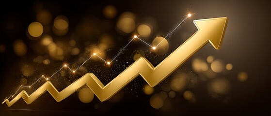 Rising stock market graph shows financial growth with arrows pointing upwards on a dark background filled with bokeh lights in high resolution