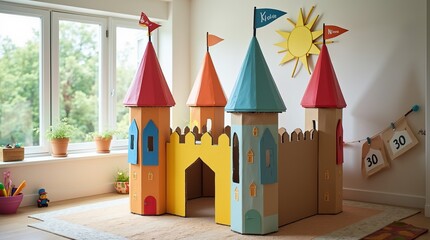 A vibrant cardboard castle with towers in a bright playroom, sunlight streaming through large windows, inspiring creativity. Concept of playhouse in cheerful kid's space