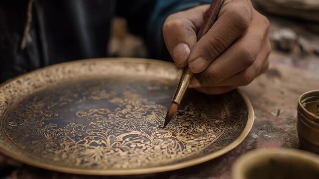 Artist working on a brass metal plate meticulously aligning an intricate design to ensure perfect adhesion during the image transfer procedure.