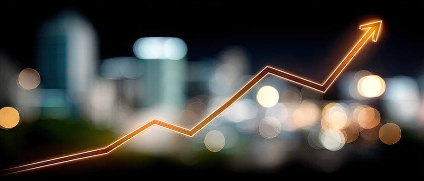 Rising stock market graph with arrows pointing upwards and bokeh lights on a dark background showing financial growth - Powered by Adobe