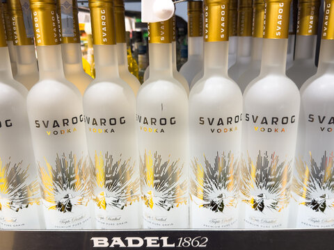 Zagreb, Croatia - December 17, 2025: Svarog Vodka bottles displayed on a shelf in a store, showcasing the unique design and branding of this popular Croatian spirit