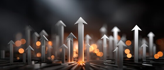 Upward arrows indicate stock market growth with bokeh lights against a dark background in a financial concept
