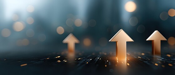 Growth in stock market represented by upward arrows on a dark background with bokeh lights showing financial progress