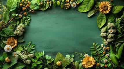 Floral Frame on Green Textured Background: Nature's Artistic Border