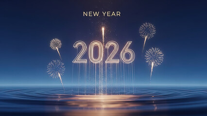 	New Year 2026 Celebration with Golden Fireworks Display and Sparkling Water Reflections on Dark Blue Background	"new year