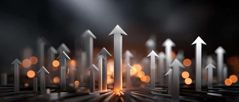 Upward arrows indicate stock market growth with bokeh lights against a dark background in a financial concept - Powered by Adobe