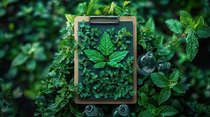 Lush Green Leaf Composition on Clipboard, Nature-Inspired, Botanical Aesthetic.
