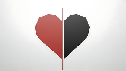 A divided heart with contrasting red and black halves