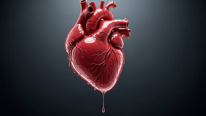 A realistic anatomical illustration of a human heart with blood dripping