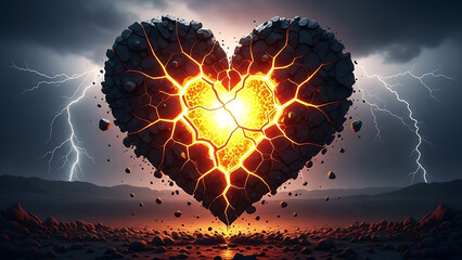 Fiery heart explosion in a dark landscape