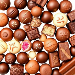 Numerous gourmet chocolates of various shapes textures and colors arranged densely